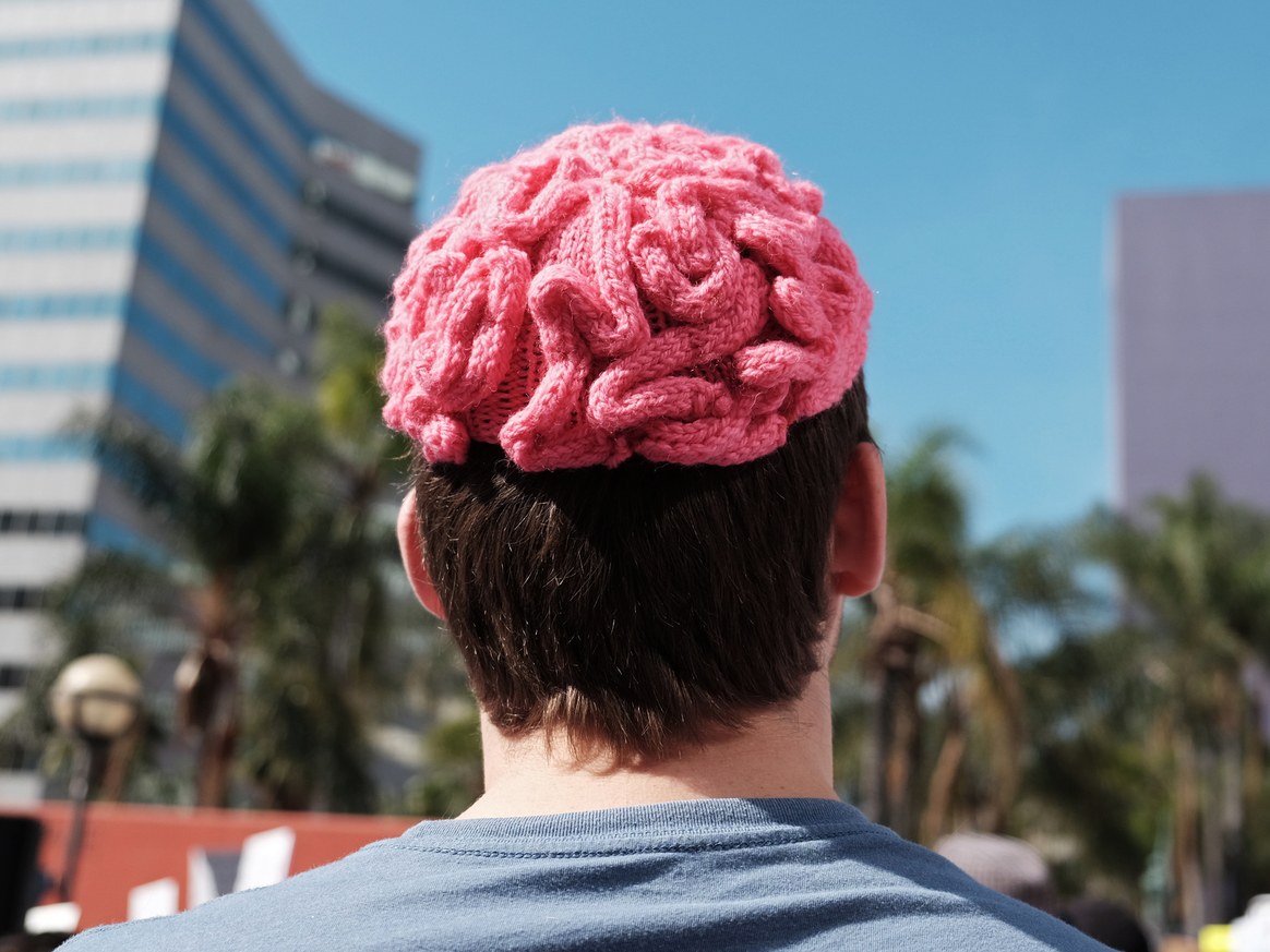 Person wearing yarn cap knitted to look like a cartoon version of a human brain