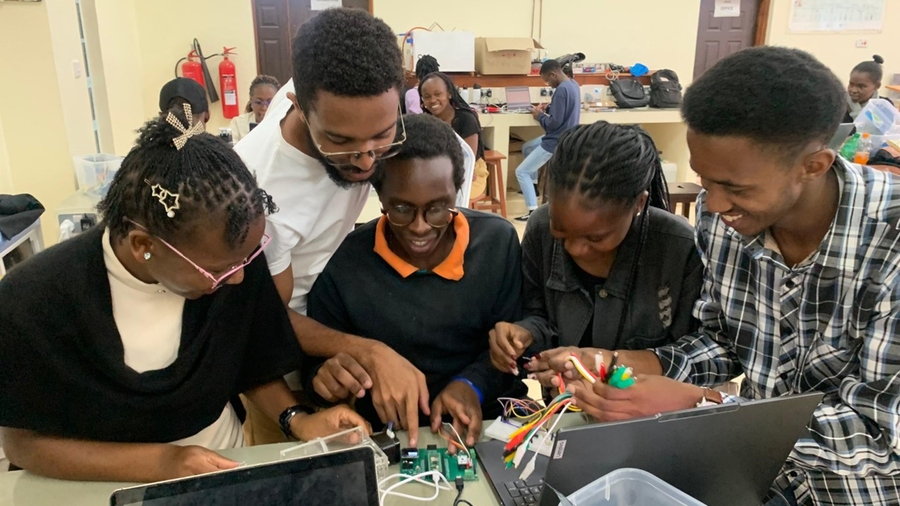 Students working on engineering together.